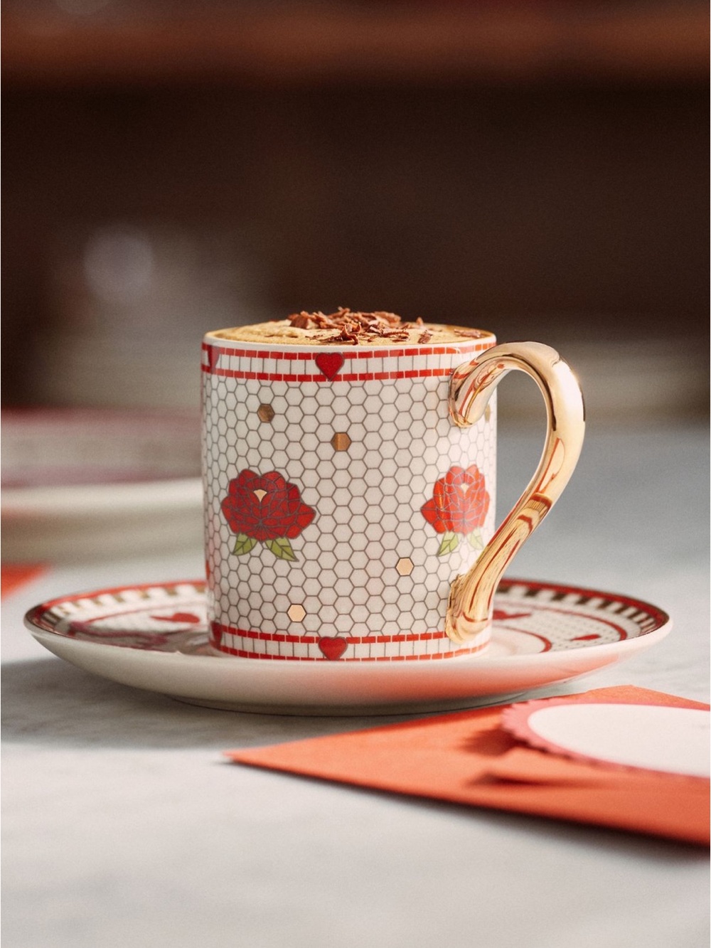 Anthropologie Bistro Tile Stoneware 24k Gold Accent Espresso Cup & Saucer | NIB